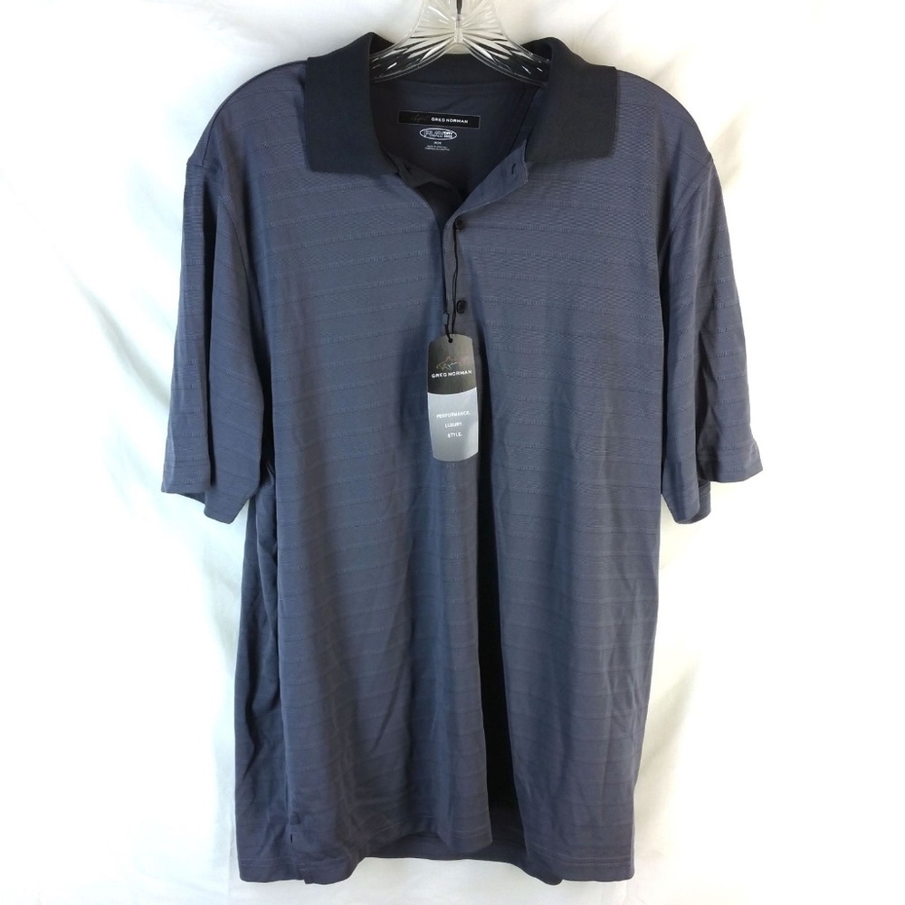 Greg Norman || PlayDry Gray Striped Golf Polo Shirt